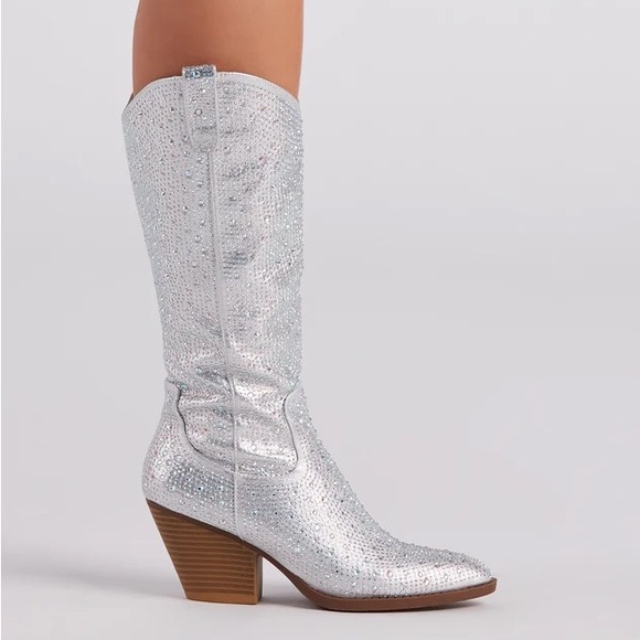 NEW Silver Knee High Western Style Bedazzled Cowboy Boots - Picture 6 of 15